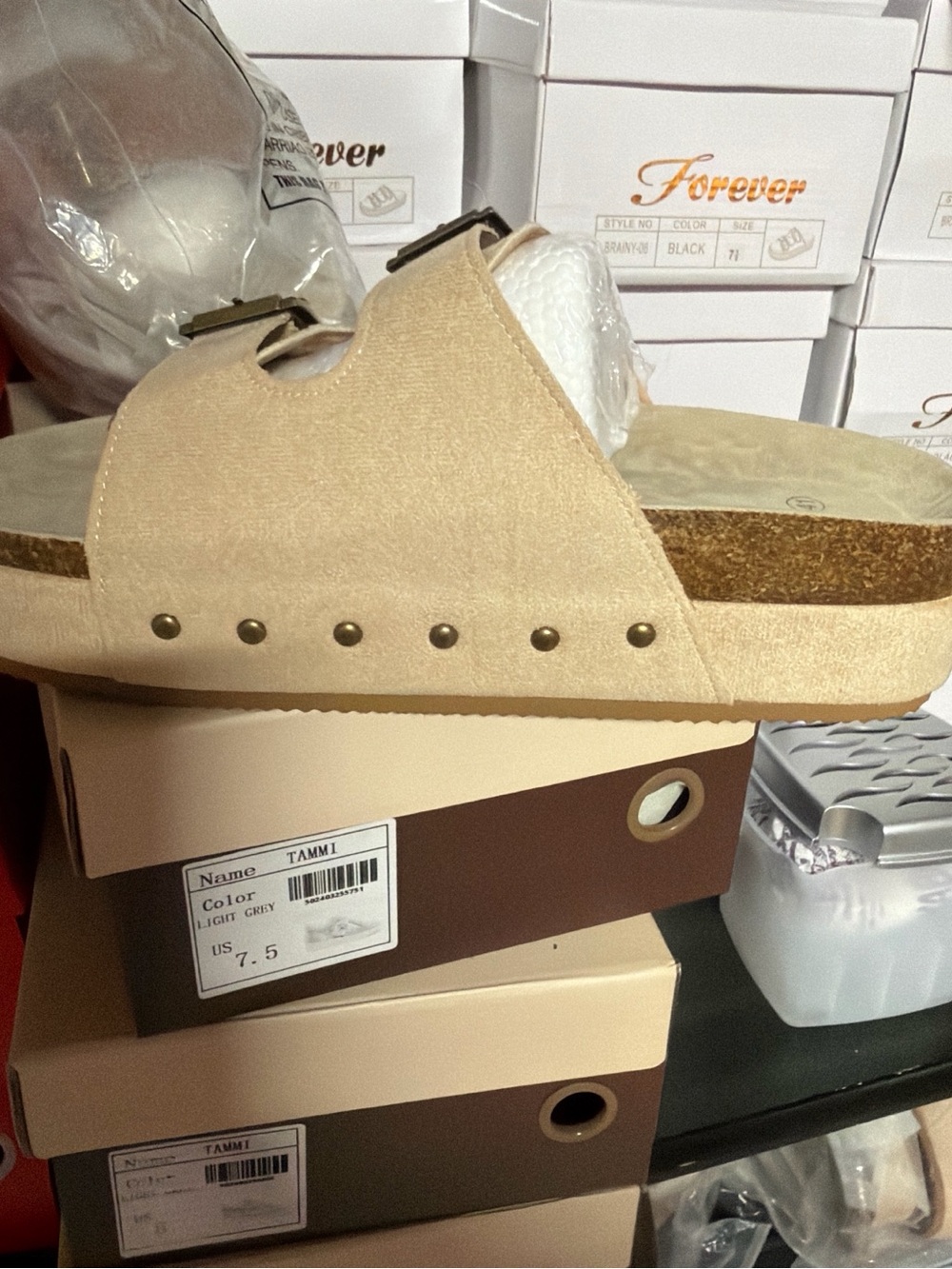 Light Beige Suede Slide Sandal with Stud Detail